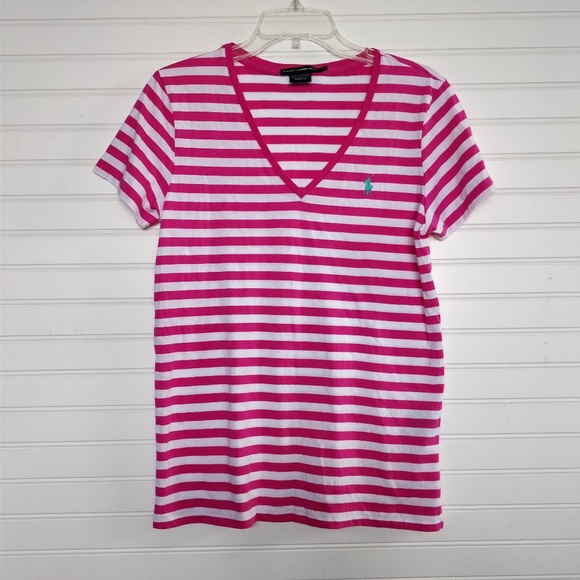 Ralph Lauren Sport v-neck pink stripe tee - Picture 1 of 5